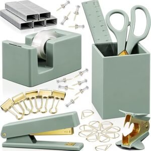 Aesthetic Desk Accessories Set - A Complete Desktop Organizer Set For Women Enhances Any Office Decor - An Office Supplies Kit w Gold Finish incl. Pen Holder, Scissors, Stapler, Tape Dispenser & More