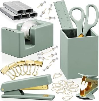 Aesthetic Desk Accessories Set - A Complete Desktop Organizer Set For Women Enhances Any Office Decor - An Office Supplies Kit w Gold Finish incl. Pen Holder, Scissors, Stapler, Tape Dispenser & More