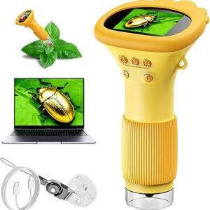Buggy Lens Microscope Toy, Buggylens Magnifier, 2" IPS Screen 1000x Handheld Digital Microscopes HD Pocket Portable Microscopes with Adjustable Light, Mini Digiscope Kids for Exploring Nature (Yellow)
