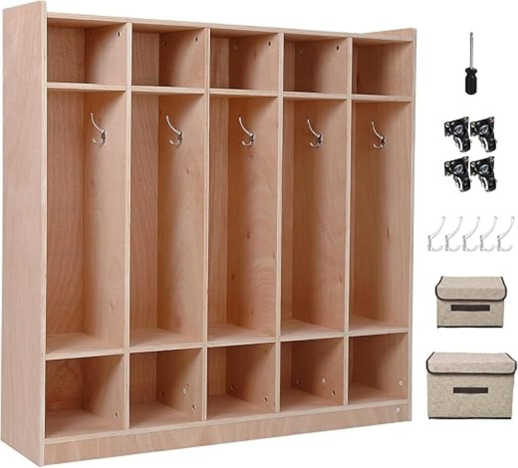 Garvee 5-Section Classroom Coat Locker, 10 Cubbies w/Anti-tip Kit for Classrooms, Daycare Cubby with 4 Casters, 5 Hooks & 2 Storage Boxes, for Home, School, Kindergarten