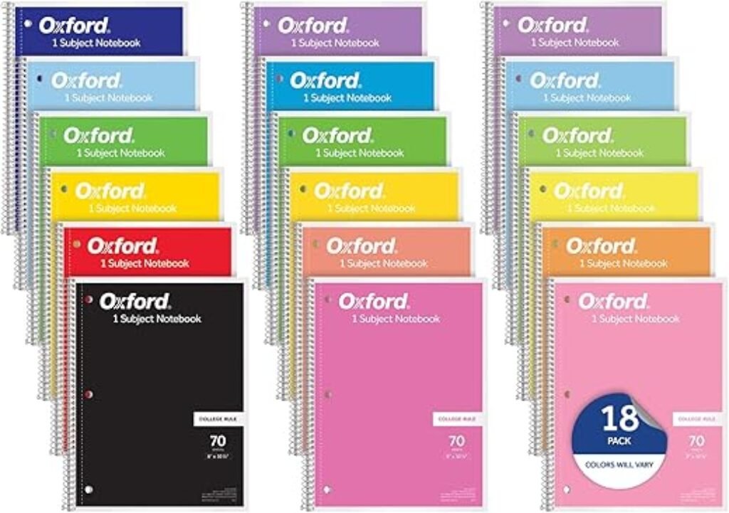 Oxford Spiral Notebooks, 18 Count Bulk Pack, 1 Subject, College Ruled Notebooks for School, 8 x 10.5 Inches, 70 Sheets, Assorted Colors, Back to School Supplies (65206)